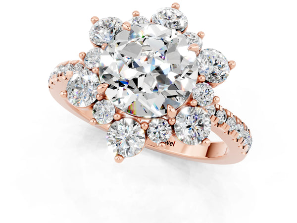 Rose gold Round Cut Moissanite Floral Halo Ring with Round Pavé Band and Prong Setting