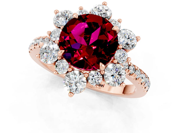 Rose gold Round Cut Garnet Floral Halo Ring with Round Pavé Band and Prong Setting