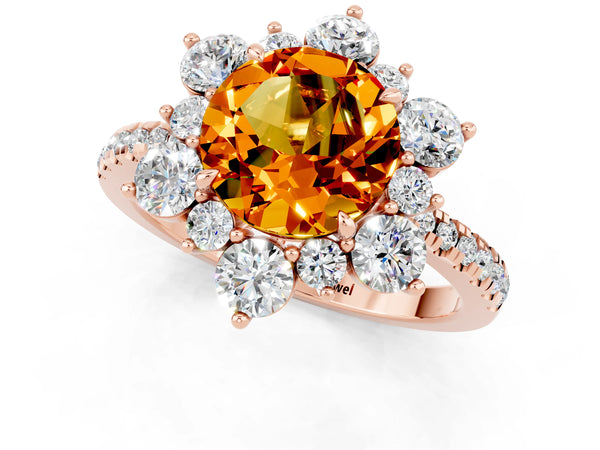 Rose gold Round Cut Citrine Floral Halo Ring with Round Pavé Band and Prong Setting