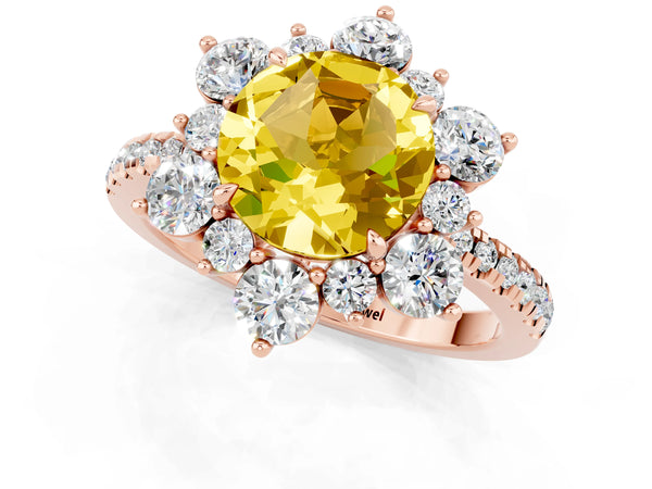 Rose gold Round Cut Yellow Sapphire Floral Halo Ring with Round Pavé Band and Prong Setting