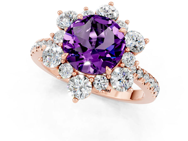 Rose gold Round Cut Amethyst Floral Halo Ring with Round Pavé Band and Prong Setting