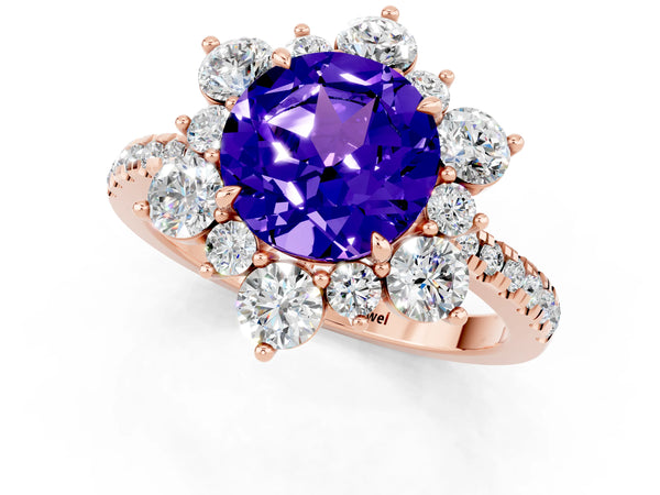 Rose gold Round Cut Tanzanite Floral Halo Ring with Round Pavé Band and Prong Setting