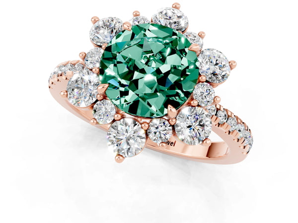 Rose gold Round Cut Green Sapphire Floral Halo Ring with Round Pavé Band and Prong Setting