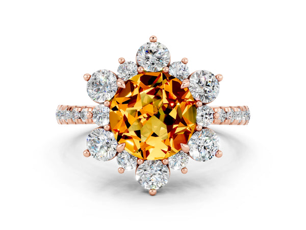 Rose gold Round Cut Citrine Floral Halo Ring with Round Pavé Band and Prong Setting