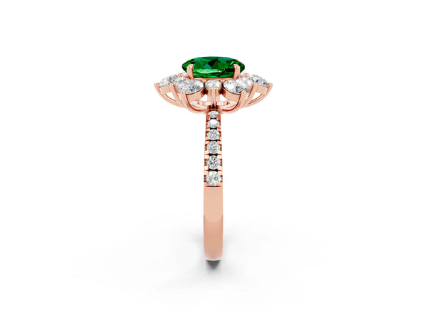 Rose gold Round Cut Emerald Floral Halo Ring with Round Pavé Band and Prong Setting