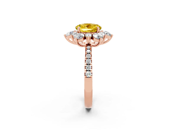 Rose gold Round Cut Yellow Sapphire Floral Halo Ring with Round Pavé Band and Prong Setting