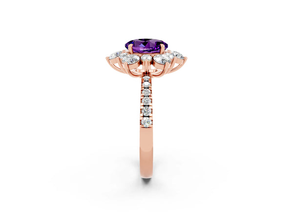 Rose gold Round Cut Amethyst Floral Halo Ring with Round Pavé Band and Prong Setting