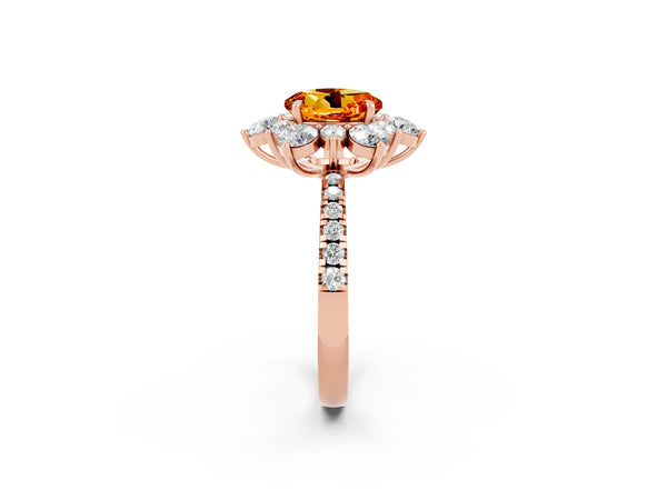 Rose gold Round Cut Citrine Floral Halo Ring with Round Pavé Band and Prong Setting