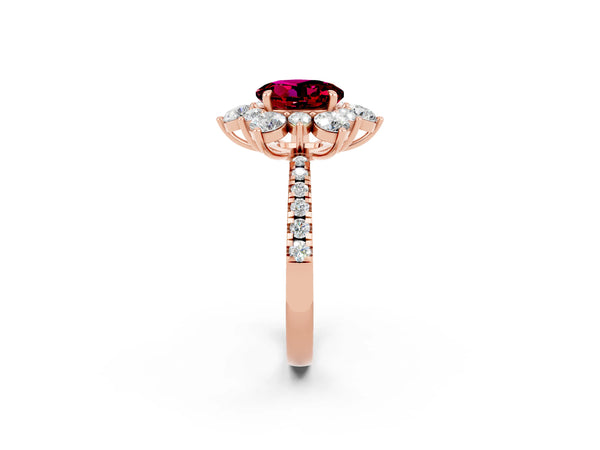 Rose gold Round Cut Garnet Floral Halo Ring with Round Pavé Band and Prong Setting