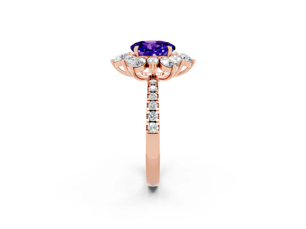 Rose gold Round Cut Tanzanite Floral Halo Ring with Round Pavé Band and Prong Setting