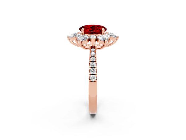 Rose gold Round Cut Ruby Floral Halo Ring with Round Pavé Band and Prong Setting