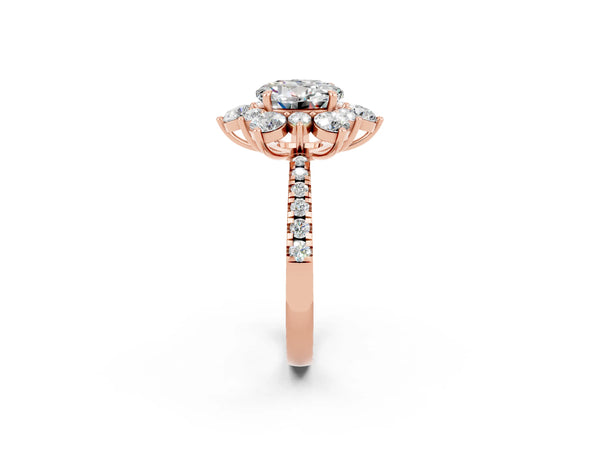 Rose gold Round Cut Moissanite Floral Halo Ring with Round Pavé Band and Prong Setting
