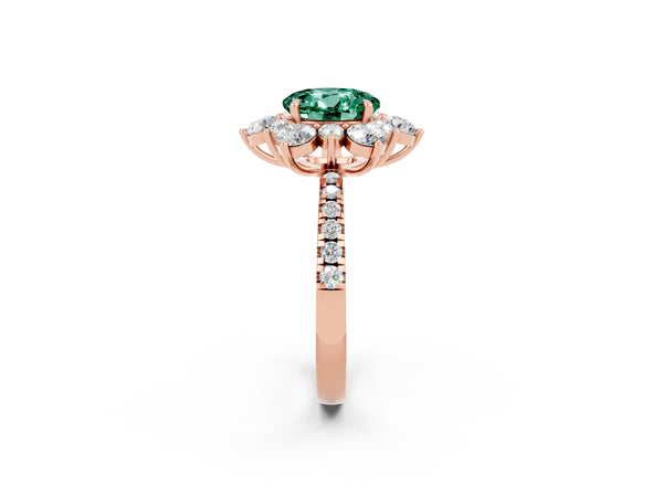 Rose gold Round Cut Green Sapphire Floral Halo Ring with Round Pavé Band and Prong Setting