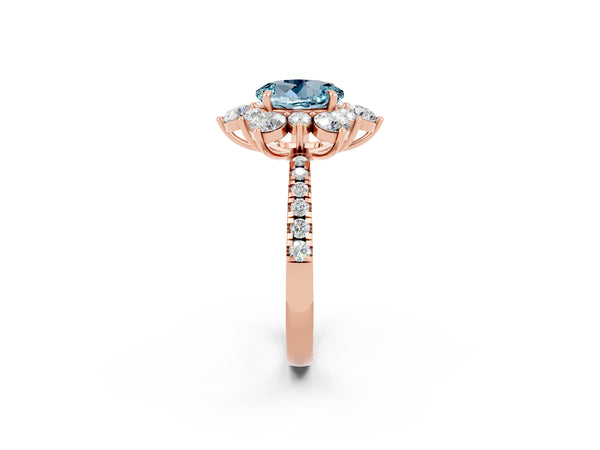 Rose Gold Round Aquamarine Star Floral Halo Engagement Ring with Pave Band