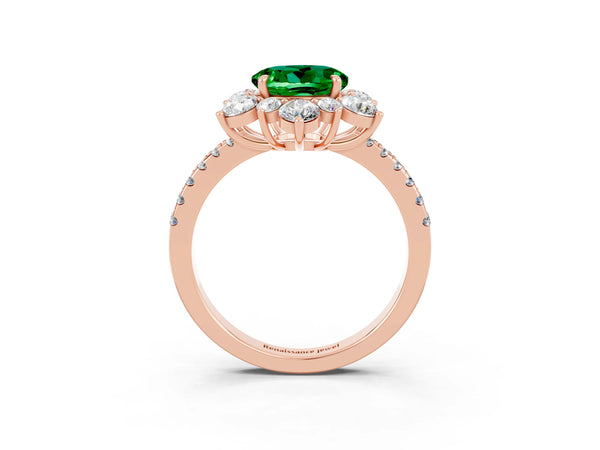 Rose gold Round Cut Emerald Floral Halo Ring with Round Pavé Band and Prong Setting