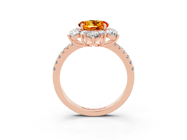 Rose gold Round Cut Citrine Floral Halo Ring with Round Pavé Band and Prong Setting