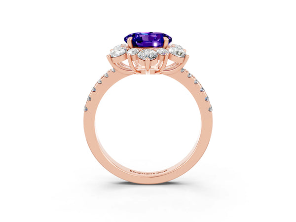 Rose gold Round Cut Tanzanite Floral Halo Ring with Round Pavé Band and Prong Setting