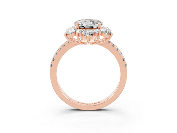Rose gold Round Cut Moissanite Floral Halo Ring with Round Pavé Band and Prong Setting