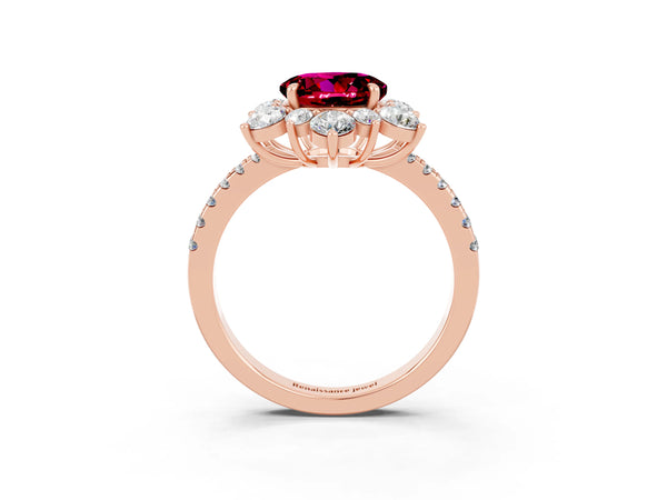 Rose gold Round Cut Garnet Floral Halo Ring with Round Pavé Band and Prong Setting