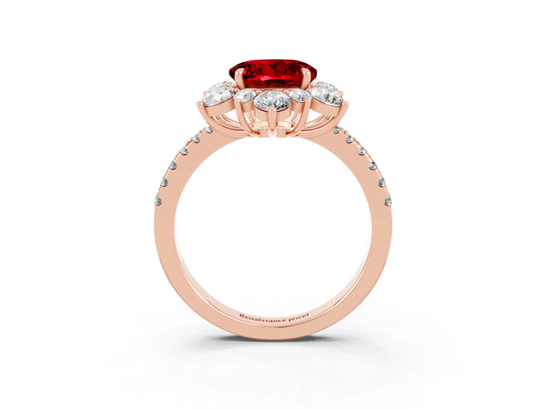 Rose gold Round Cut Ruby Floral Halo Ring with Round Pavé Band and Prong Setting