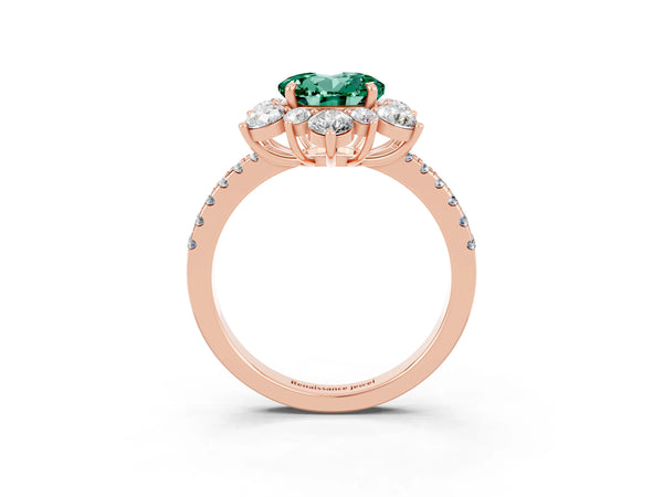 Rose gold Round Cut Green Sapphire Floral Halo Ring with Round Pavé Band and Prong Setting