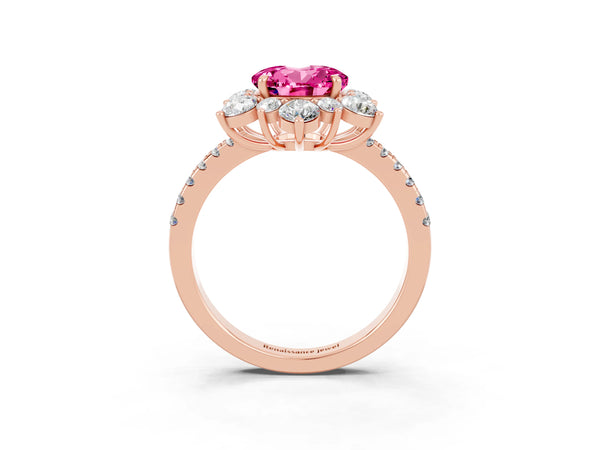 Rose Gold Round Lab-Grown Pink Sapphire Star Floral Halo Engagement Ring with Pave Band