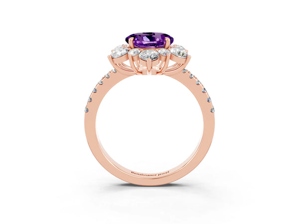 Rose gold Round Cut Amethyst Floral Halo Ring with Round Pavé Band and Prong Setting