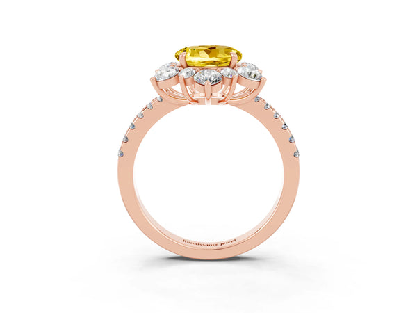 Rose gold Round Cut Yellow Sapphire Floral Halo Ring with Round Pavé Band and Prong Setting