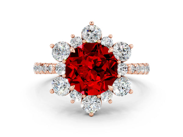Rose gold Round Cut Ruby Floral Halo Ring with Round Pavé Band and Prong Setting