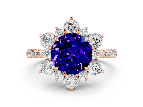Rose gold Round Cut Tanzanite Floral Halo Ring with Round Pavé Band and Prong Setting