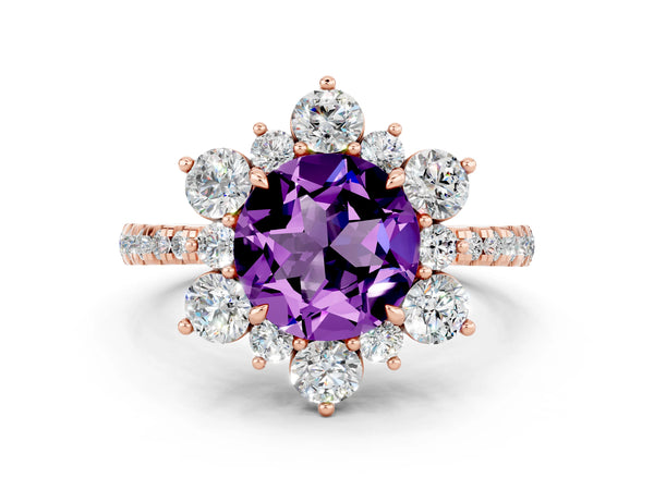 Rose gold Round Cut Amethyst Floral Halo Ring with Round Pavé Band and Prong Setting