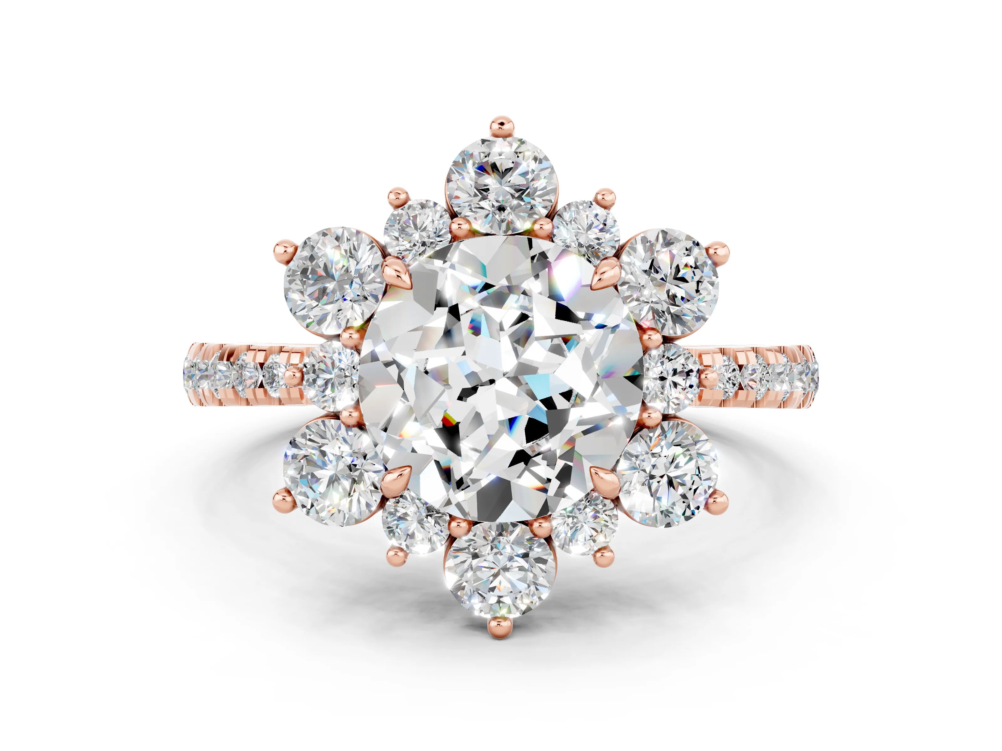 Rose gold Round Cut Cut Diamond Floral Halo Pave Band with Prong Setting