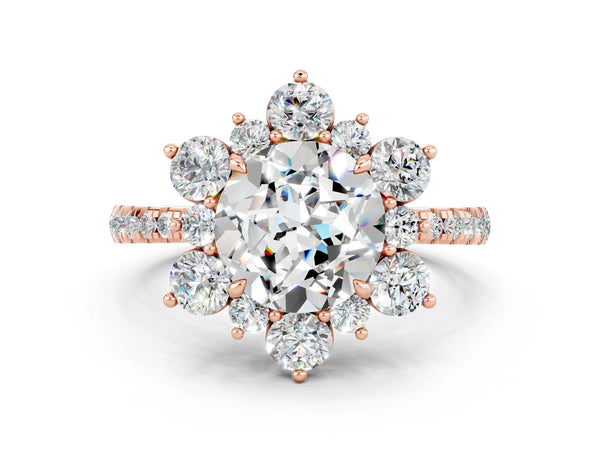 Rose gold Round Cut Moissanite Floral Halo Ring with Round Pavé Band and Prong Setting