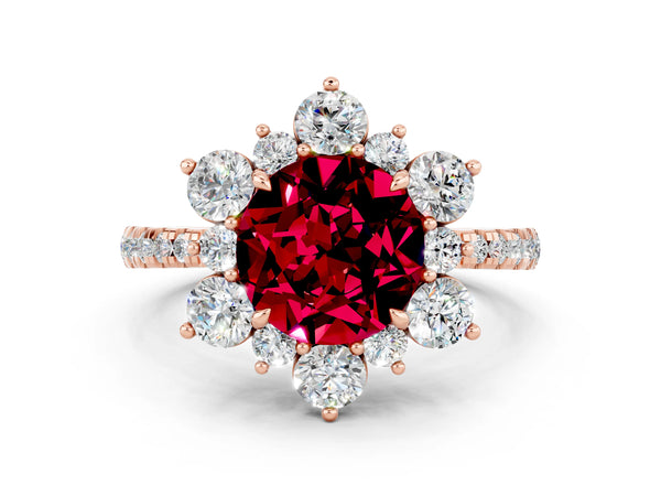Rose gold Round Cut Garnet Floral Halo Ring with Round Pavé Band and Prong Setting