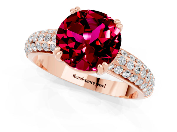Rose gold Round Cut Garnet Vintage Milgrain Ring with Round  Stations