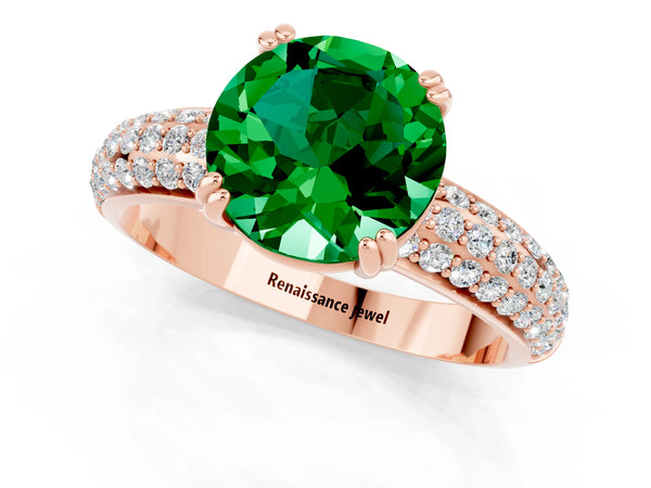 Rose gold Round Cut Emerald Vintage Milgrain Ring with Round  Stations