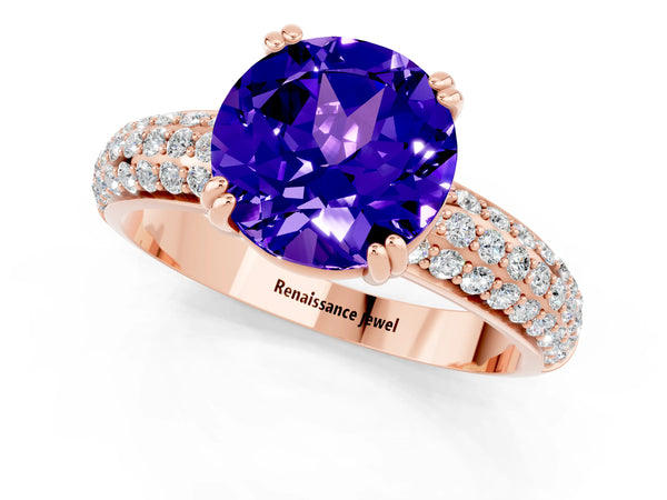 Rose gold Round Cut Tanzanite Vintage Milgrain Ring with Round  Stations