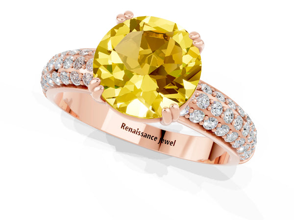 Rose gold Round Cut Yellow Sapphire Vintage Milgrain Ring with Round  Stations