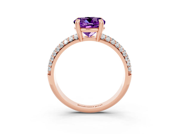 Rose gold Round Cut Amethyst Vintage Milgrain Ring with Round  Stations