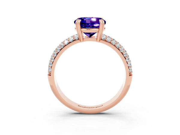 Rose gold Round Cut Tanzanite Vintage Milgrain Ring with Round  Stations