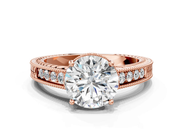 Rose gold Round Cut Cut Diamond Milgrain Pave Band Four-Prong Setting Ring