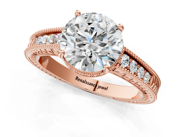 Rose gold Round Cut Cut Diamond Milgrain Pave Band Four-Prong Setting Ring