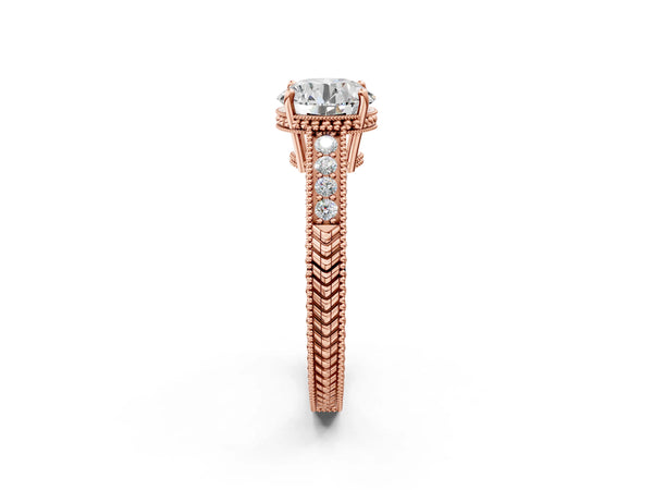 Rose gold Round Cut Cut Diamond Milgrain Pave Band Four-Prong Setting Ring