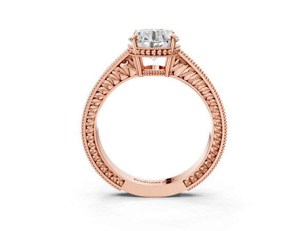 Rose gold Round Cut Cut Diamond Milgrain Pave Band Four-Prong Setting Ring
