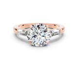 Rose gold Round Cut Cut Diamond Ring with Tapered Baguette Side Stones in Four-Prong Setting