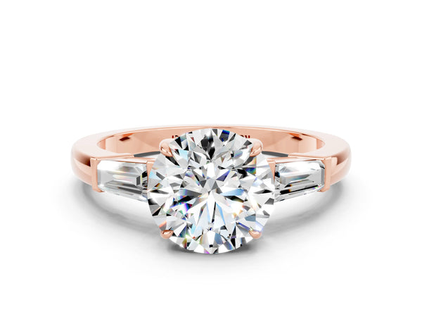 Rose gold Round Cut Moissanite Three-Stone Ring with Tapered Baguette Side Stones and Prong Setting