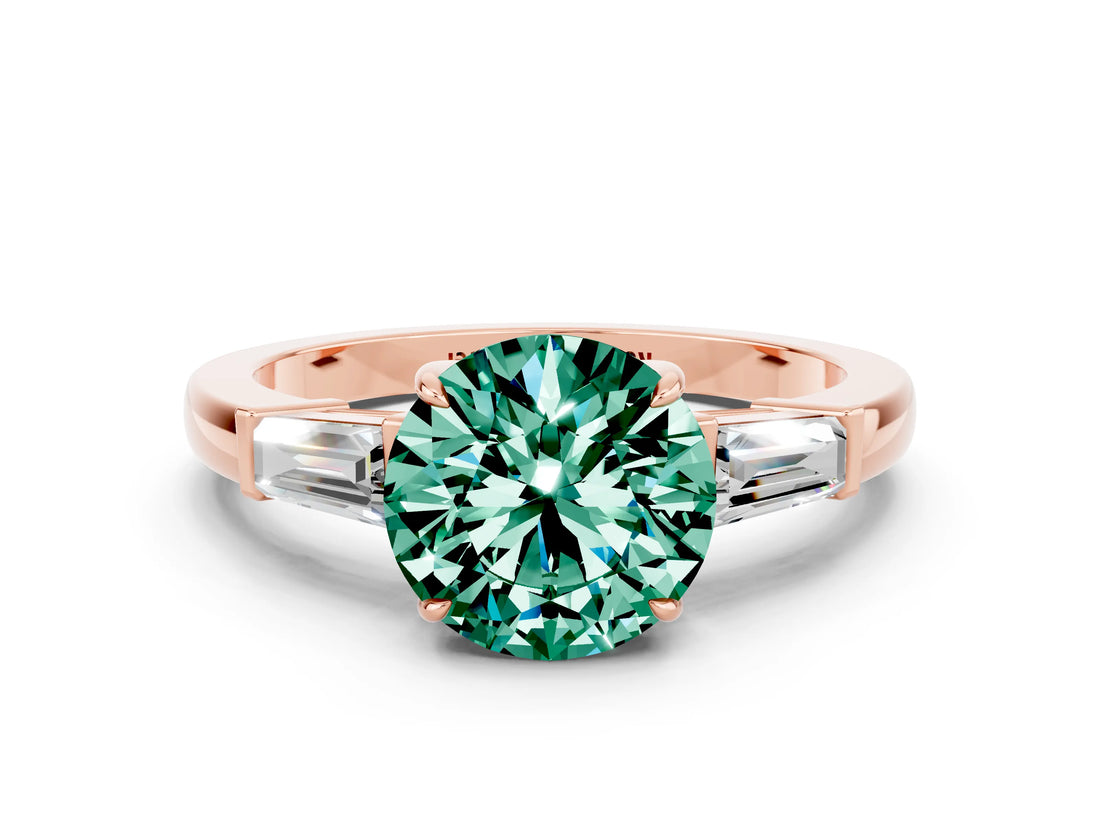 Rose gold Round Cut Cut Diamond Ring with Tapered Baguette Side Stones in Four-Prong Setting