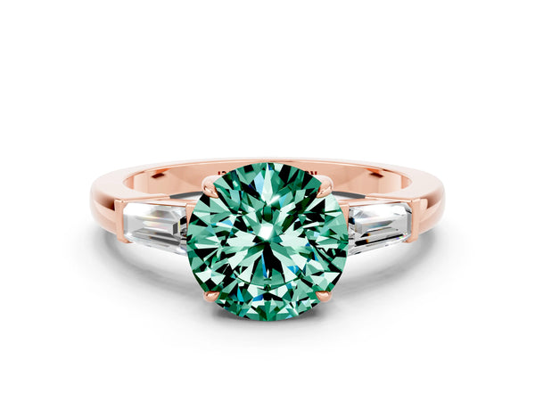 Rose gold Round Cut Green Sapphire Three-Stone Ring with Tapered Baguette Side Stones and Prong Setting