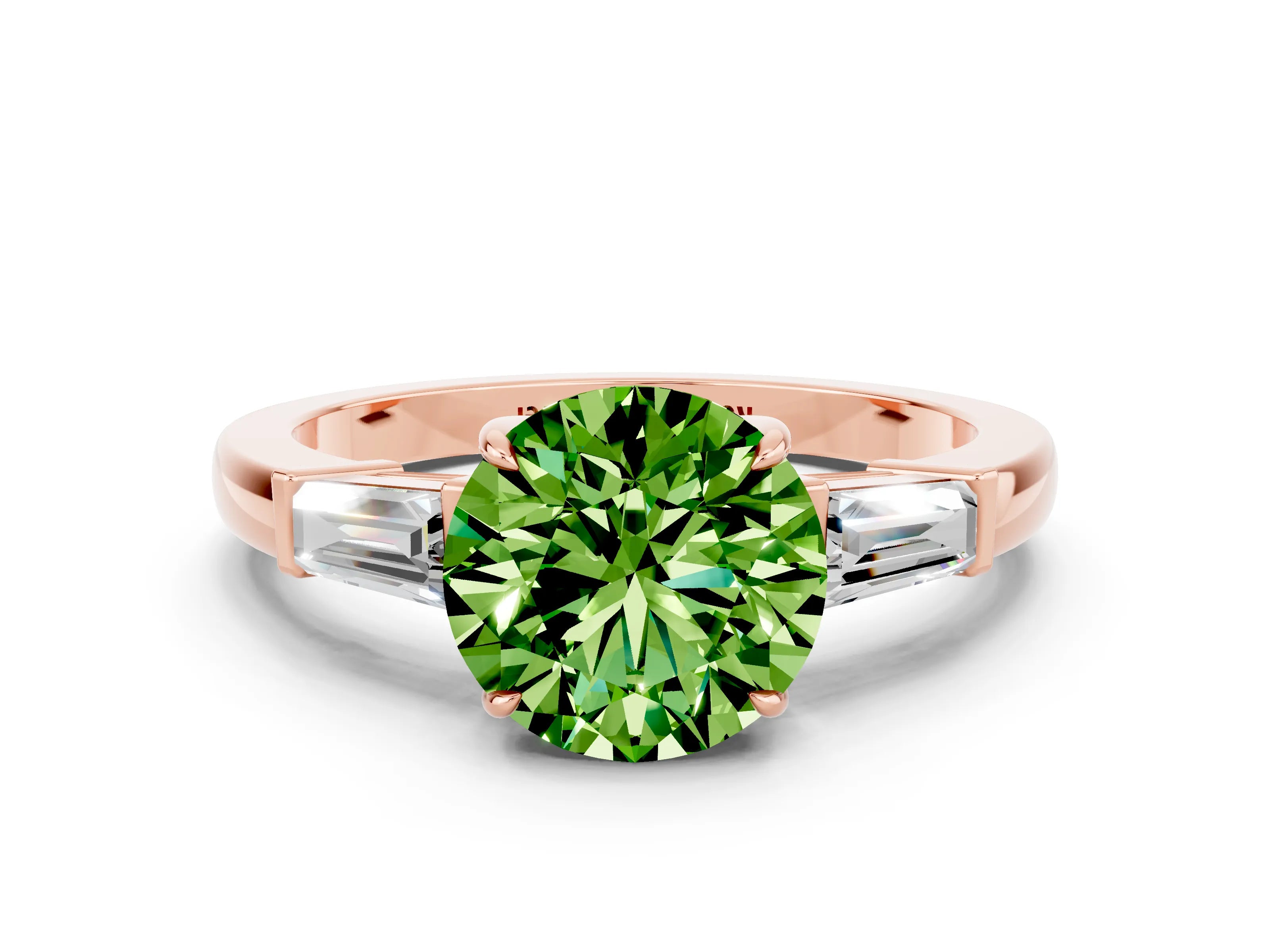 Rose gold Round Cut Cut Diamond Ring with Tapered Baguette Side Stones in Four-Prong Setting