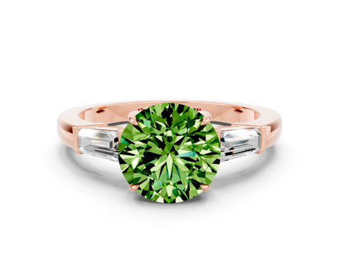 Rose gold Round Cut Cut Diamond Ring with Tapered Baguette Side Stones in Four-Prong Setting